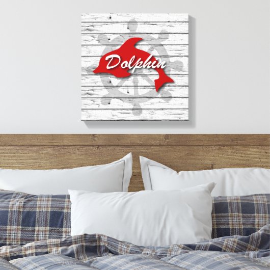 Rustige Nautische rode dolfijn op verhard hout Canvas Afdruk (Insitu (Slaapkamer))