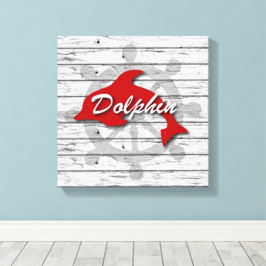 Rustige Nautische rode dolfijn op verhard hout Canvas Afdruk (Insitu (Houten vloer))