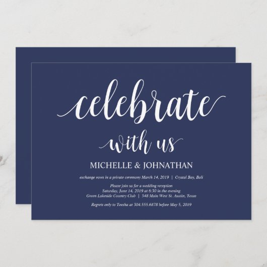 Rustige Navy Blauwe Trouw Elopement Ontvangst Kaart (Voorkant / Achterkant)