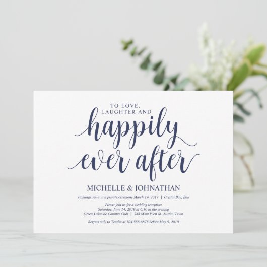 Rustige Navy Blauwe Trouw Elopement Ontvangst Kaart (Staand voorkant)