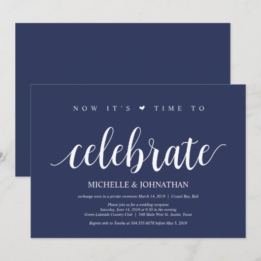 Rustige Navy Blauwe Trouw Elopement Receptie Kaart (Voorkant / Achterkant)