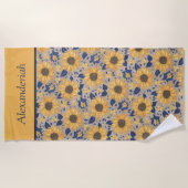Rustige Navy Blue Golden Yellow Sunflower Name Bea Strandlaken (Voorkant)