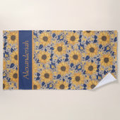 Rustige Navy Blue Golden Yellow Sunflower Name Strandlaken (Voorkant)