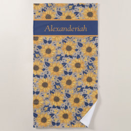 Rustige Navy Blue Golden Yellow Sunflower Name Strandlaken