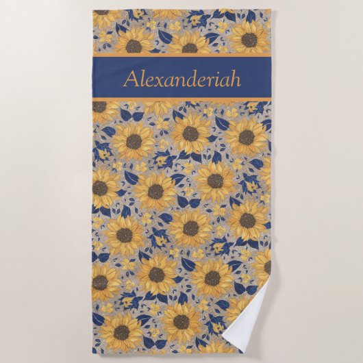 Rustige Navy Blue Golden Yellow Sunflower Name Strandlaken (Voorkant)