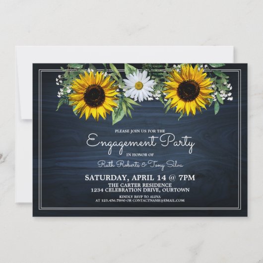 Rustige Navy Blue Sunflower|Daisy Engagement Party Kaart (Voorkant)