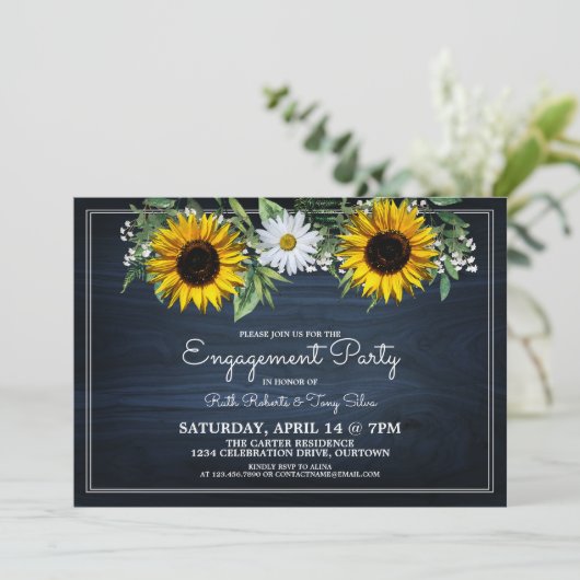 Rustige Navy Blue Sunflower|Daisy Engagement Party Kaart (Staand voorkant)
