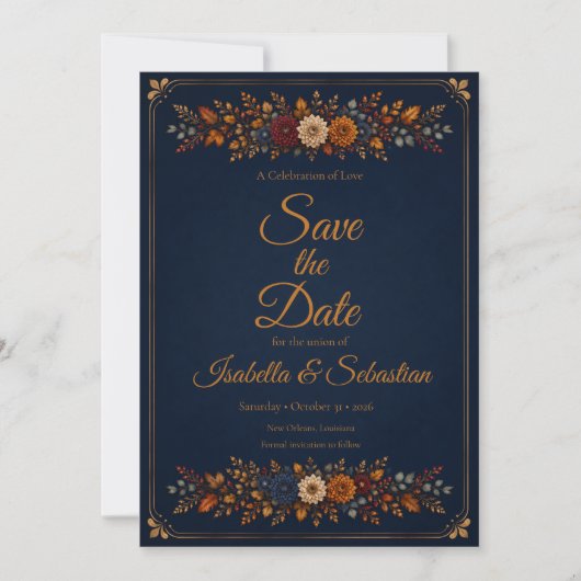 Rustige Navy Herfst Bruiloft Save The Date (Voorkant)