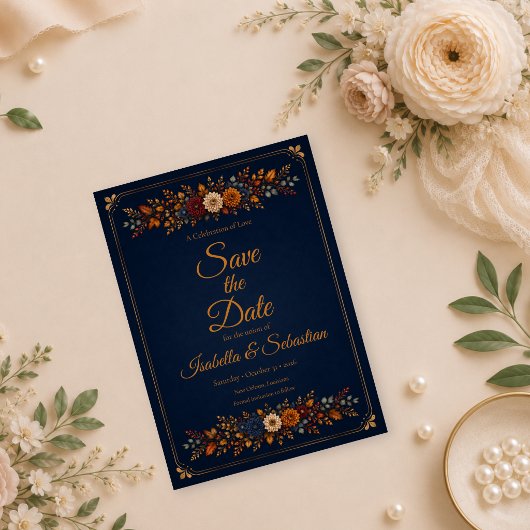 Rustige Navy Herfst Bruiloft Save The Date