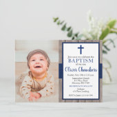 Rustige Navy & Hout Jongens Foto Doop Kaart (Staand voorkant)