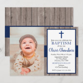 Rustige Navy & Hout Jongens Foto Doop Kaart (Voorkant / Achterkant)