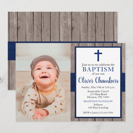 Rustige Navy & Hout Jongens Foto Doop Kaart (Voorkant / Achterkant)