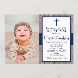 Rustige Navy & Hout Jongens Foto Doop Kaart