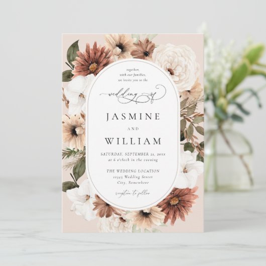 Rustige Neutral Boho Floral Wedding S2 - Beige Inv Kaart (Staand voorkant)