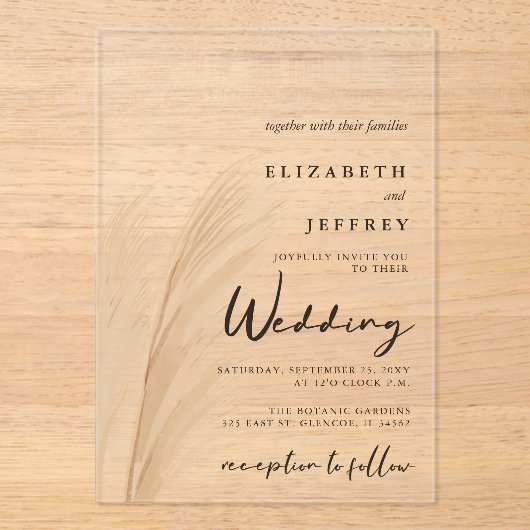 Rustige neutrale aardbevingsboho pampas grass Wedd Acryl Uitnodigingen (Voorkant)