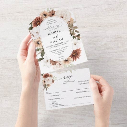 Rustige neutrale Boho Floral Wedding All In One Uitnodiging (Afscheurbaar)