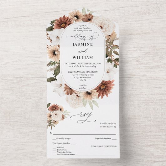 Rustige neutrale Boho Floral Wedding All In One Uitnodiging (Binnen)