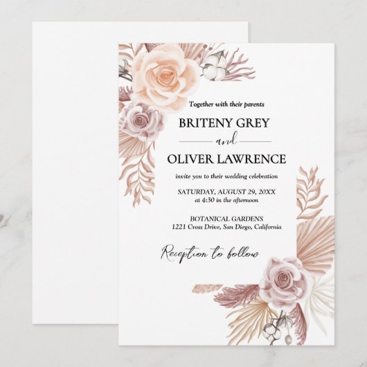 Rustige neutrale Boho Floral Wedding Kaart (Voorkant / Achterkant)