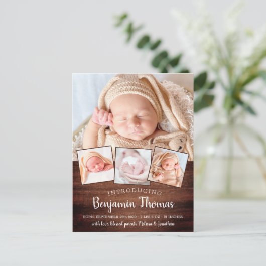 Rustige Nieuwe Baby Aangepaste 4 Foto Geboorteaank Briefkaart (Staand voorkant)