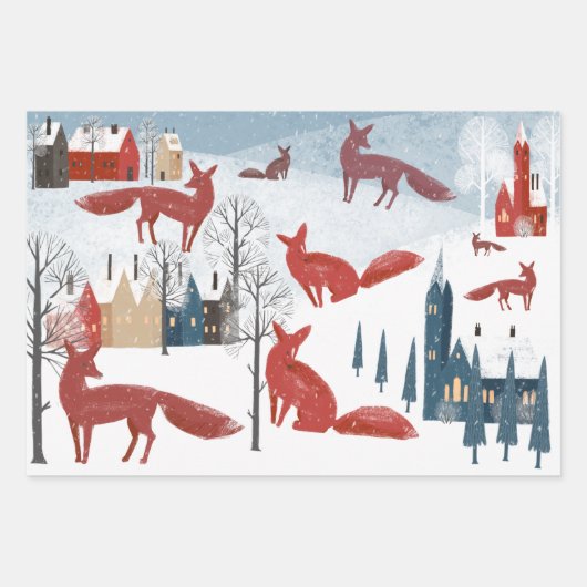 Rustige Nordic Winter Red Fox Snow Mountain Villag Inpakpapier Vel (Voorkant 3)