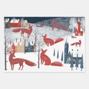 Rustige Nordic Winter Red Fox Snow Mountain Villag Inpakpapier Vel