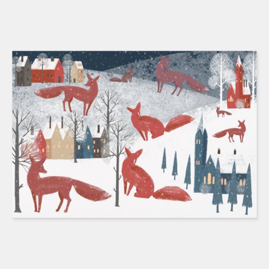 Rustige Nordic Winter Red Fox Snow Mountain Villag Inpakpapier Vel (Voorkant)