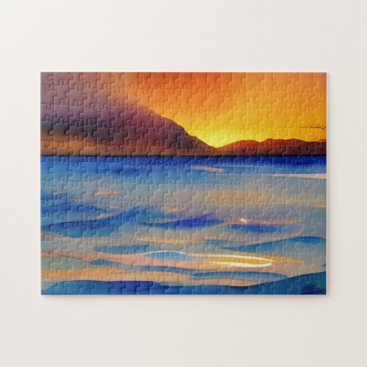 Rustige oceanzonsondergang aquarel  legpuzzel (Horizontaal)