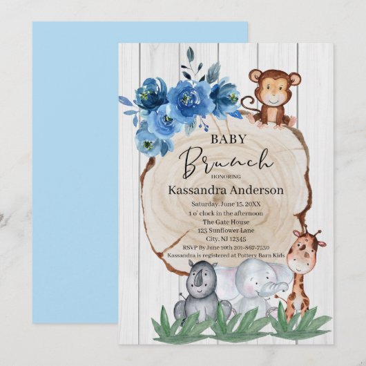 Rustige Oerwoud dieren Blush Floral Baby Brunch Kaart (Voorkant / Achterkant)