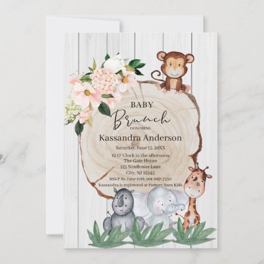 Rustige Oerwoud dieren Blush Floral Baby Brunch Kaart (Voorkant)