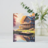 rustige oever van het meer | charmant houten huis briefkaart (Staand voorkant)