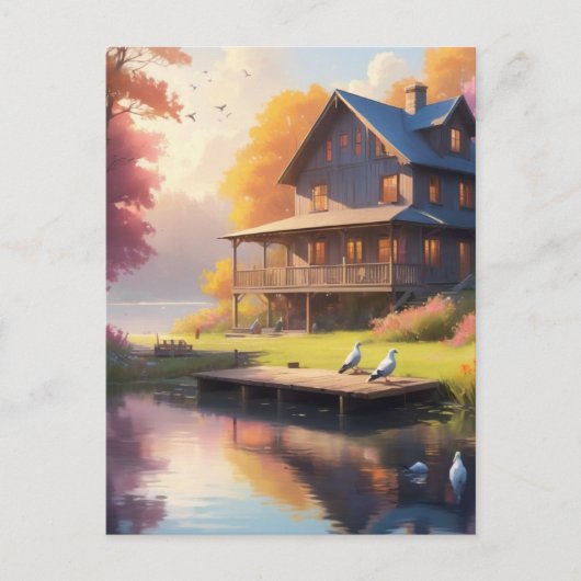 rustige oever van het meer | charmant houten huis briefkaart (Voorkant)