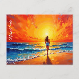 Rustige oeverwandeling zonsondergang oceaan helder briefkaart