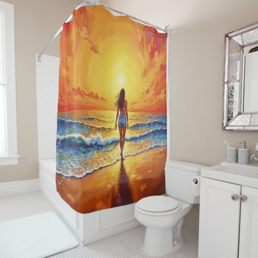 Rustige oeverwandeling zonsondergang oceaan helder douchegordijn (In situ)