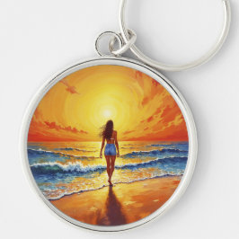 Rustige oeverwandeling zonsondergang oceaan helder sleutelhanger