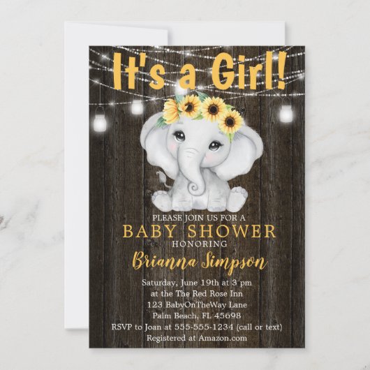 Rustige olifant zonnebloemen Licht Baby shower Kaart (Voorkant)