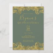 Rustige Olijf & Gold Lace Elegant Quinceañera Kaart (Voorkant)