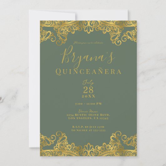Rustige Olijf & Gold Lace Elegant Quinceañera Kaart (Voorkant)