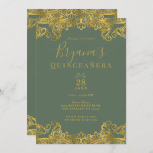 Rustige Olijf & Gold Lace Elegant Quinceañera Kaart