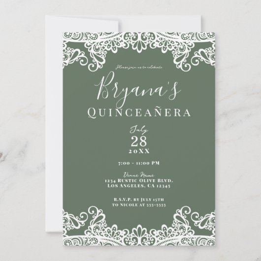 Rustige Olijf & White Lace Elegant Quinceañera Kaart (Voorkant)