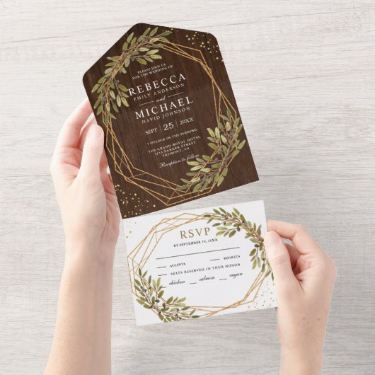 Rustige Olijfbijtak Gold Lijst Barn Wood Wedding All In One Uitnodiging (Afscheurbaar)