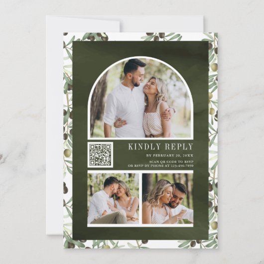 Rustige olijfbladeren Foto collage QR Code Weddens Kaart (Achterkant)