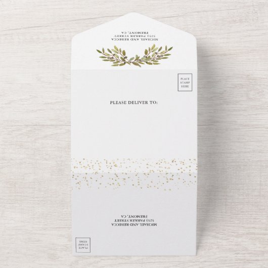 Rustige Olijftak Gold Geometric Lijst Wedding All In One Uitnodiging (Buitenkant)