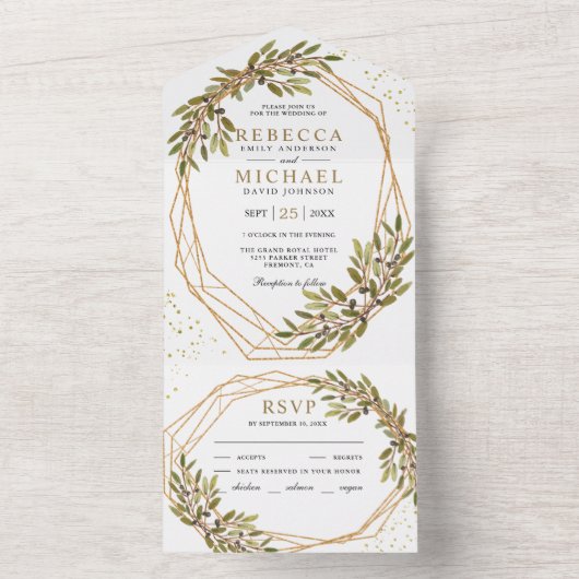 Rustige Olijftak Gold Geometric Lijst Wedding All In One Uitnodiging (Binnen)