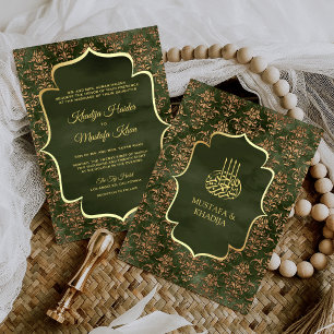 Rustige Olive Green Gold Damask Muslim Wedding Kaart