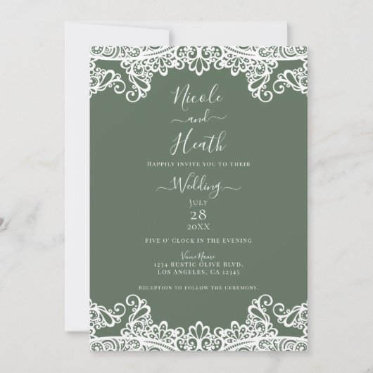 Rustige Olive White Lace Elegant Wedding Kaart (Voorkant)