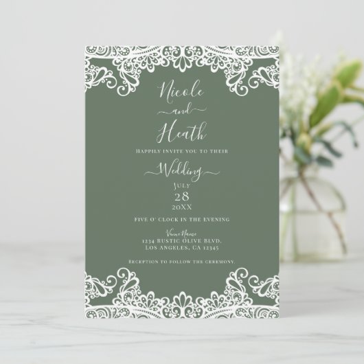 Rustige Olive White Lace Elegant Wedding Kaart (Staand voorkant)