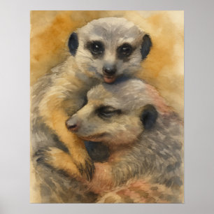 Rustige Omhelzing – Waterverf Meerkat Pair Poster