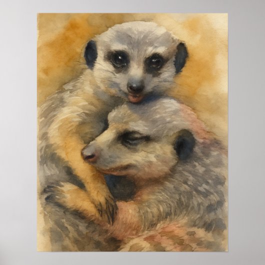 Rustige Omhelzing – Waterverf Meerkat Pair Poster (Voorkant)
