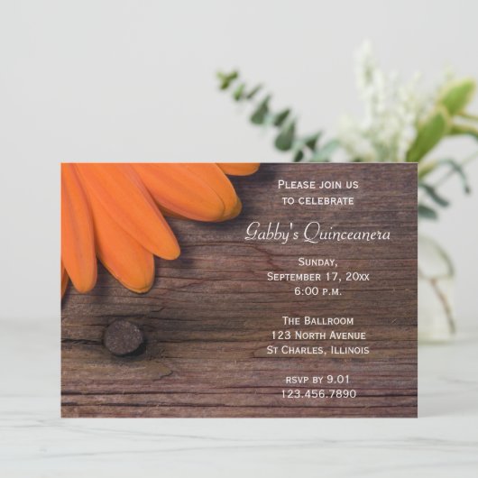 Rustige Oranje Barn Wood Daisy Quinceanera Partij Kaart (Staand voorkant)