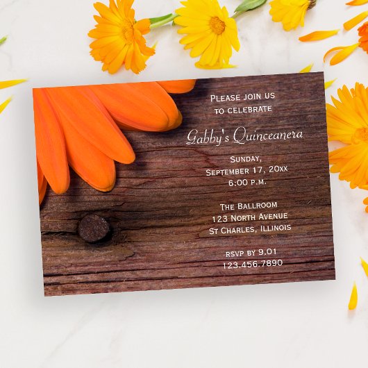Rustige Oranje Barn Wood Daisy Quinceanera Partij Kaart